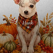 Hank joined the competition — help win amazing prizes! dog, puppy, pet, portrait, sitting, autumn, fall, pumpkins, leaves, bandana, plaid, one_eyed, cute, animal, indoor, lock_screen, smartphone, clock, notification, seasonal_decor