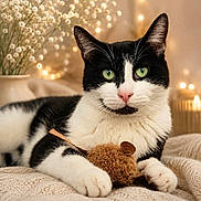 Snow a rejoint le concours — aidez-le/la à gagner de superbes lots ! animal, black_and_white, bokeh, cat, cozy, cute, decor, feline, flower_vase, green_eyes, indoor, knitted_blanket, paw, pet, portrait, relaxed, resting, soft_lighting, toy_mouse, whiskers