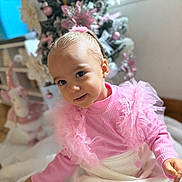 Mia participe au concours pour gagner de l'argent avec cette photo : child, christmas_tree, curly_hair, cute, decorations, festive, holiday_decor, indoor, pink_clothing, portrait, ruffles, seasonal, sitting, smiling, soft_lighting, toddler, toy, warm, white_skirt, young_child