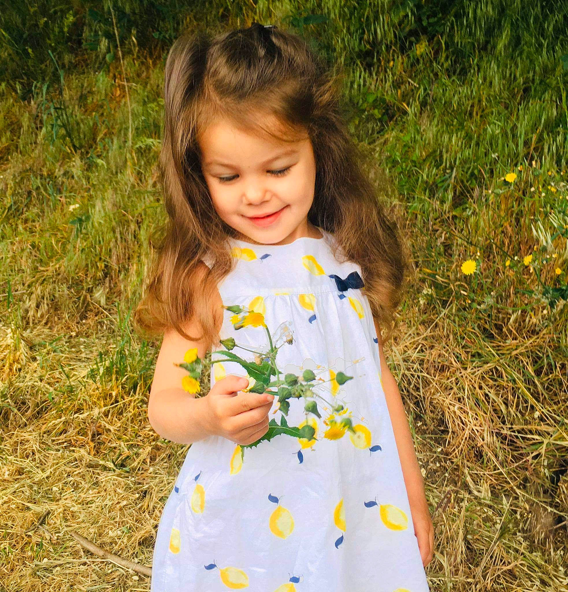 Aylin a rejoint le concours — aidez-le/la à gagner de superbes lots ! brown_hair, child, child_model, dress, flower, grass, grass_family, joy, meadow, outerwear, pattern, people_in_nature, person, photography, plant, play, smile, spring, summer, toddler