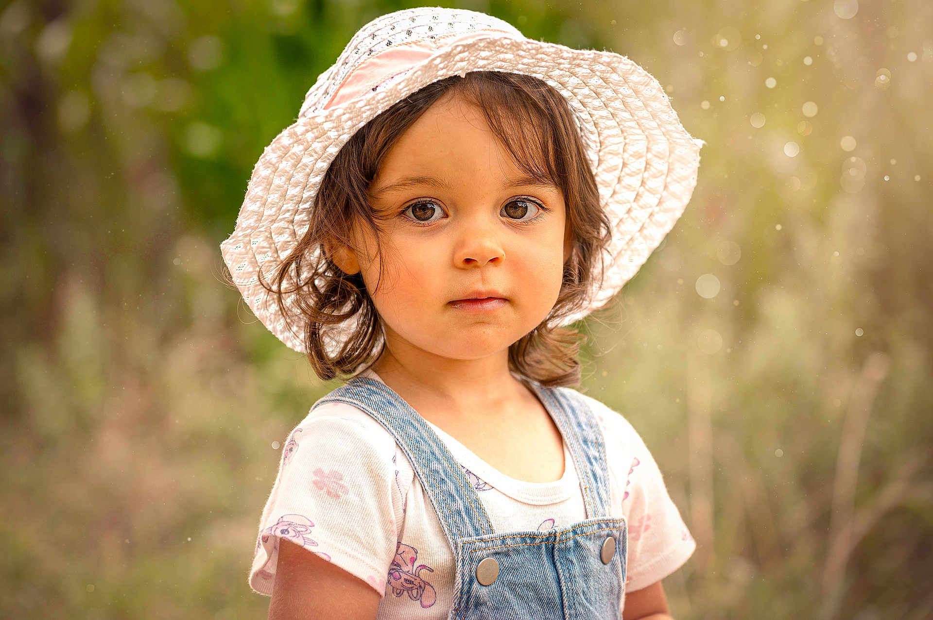 Éowyn a rejoint le concours — aidez-le/la à gagner de superbes lots ! bokeh, casual_clothing, child, curly_hair, cute, denim_overalls, expression, eyes, face, hat, innocence, nature, outdoor, person, portrait, soft_light, summer, sunhat, toddler, young