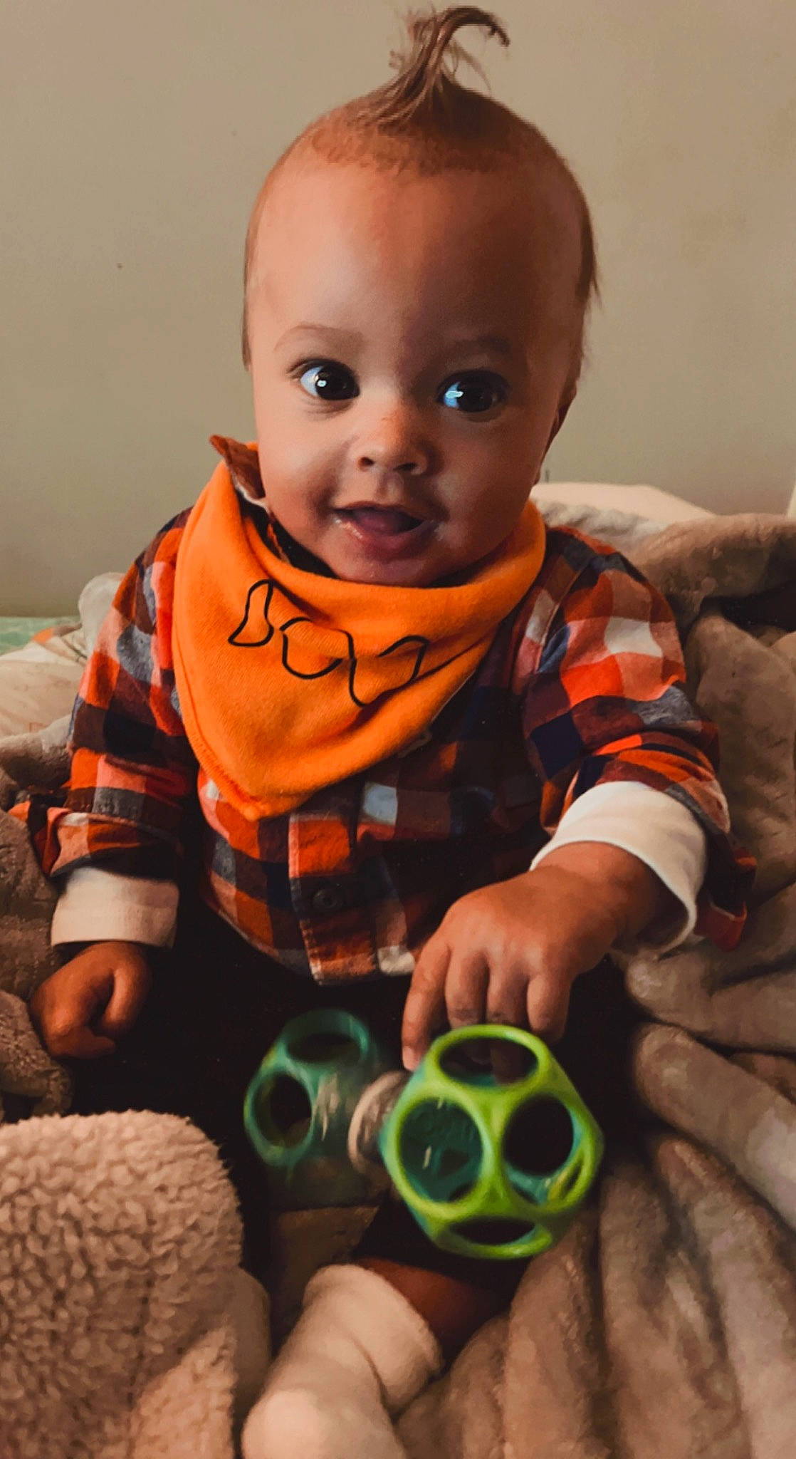 Dante joined the competition — help win amazing prizes! baby, baby_toddler_clothing, cheek, child, comfort, finger, flooring, fun, gadget, green, happy, iris, mouth, nose, orange, person, skin, sleeve, smile, toddler