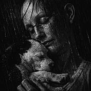 Oreo joined the competition — help win amazing prizes! affection, animal, black_and_white, bond, close_up, compassion, cuddling, dog, emotional, face, glasses, intimacy, love, outdoor, person, portrait, rain, tenderness, water_droplets, wet