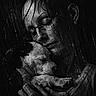 affection, animal, black_and_white, bond, close_up, compassion, cuddling, dog, emotional, face, glasses, intimacy, love, outdoor, person, portrait, rain, tenderness, water_droplets, wet