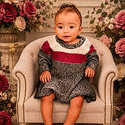 Rose joined the competition — help win amazing prizes! baby, child, portrait, sitting, armchair, dress, sweater, roses, flowers, floral_background, indoors, studio, decor, furniture, infant, barefoot, looking_at_camera, formal_portrait, patterned_clothing, cozy