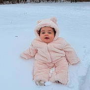 Elara joined the competition — help win amazing prizes! baby, child, snow, winter, outdoor, cute, fluffy, pink, cold, forest, trees, smiling, face, hood, fur, snowfield, nature, seasonal, sitting, clothing