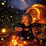 Ayla is registered to the contest to win money with this photo: toddler, child, campfire, tent, fireflies, night_sky, stars, lantern, blanket, outdoor, forest, smiling, curly_hair, toy_bear, cup, nature, glowing, camping, happy, warm_light