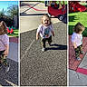 toddler, child, toy_car, playground, outdoor, sunny, camo_pants, purple_shirt, sidewalk, plastic_toy, slide, grass, shadow, person, walking, playing, concrete, fence, recreation, daylight