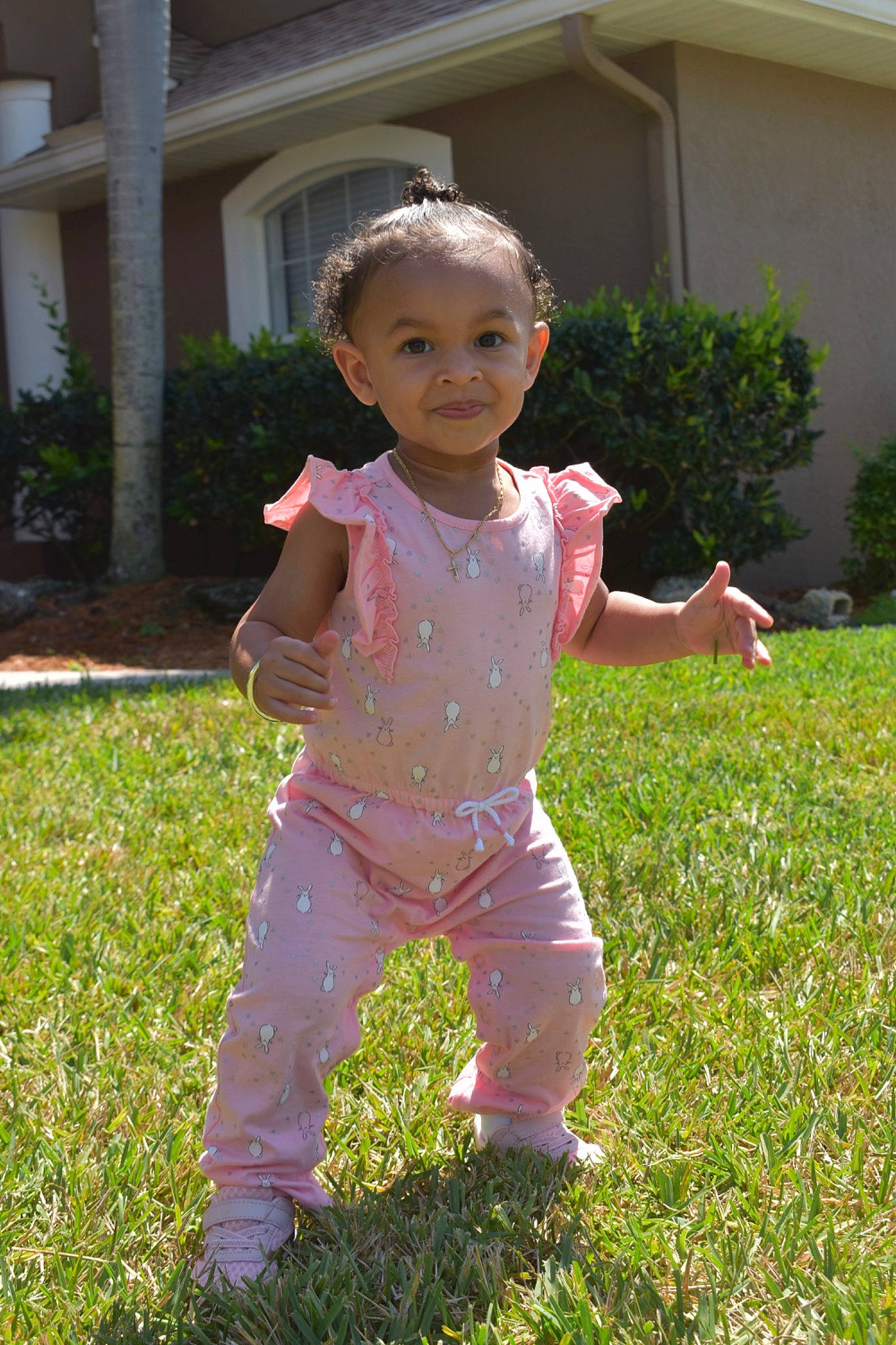 Taliyah joined the competition — help win amazing prizes! baby, child, grass, joy, lawn, person, pink, toddler
