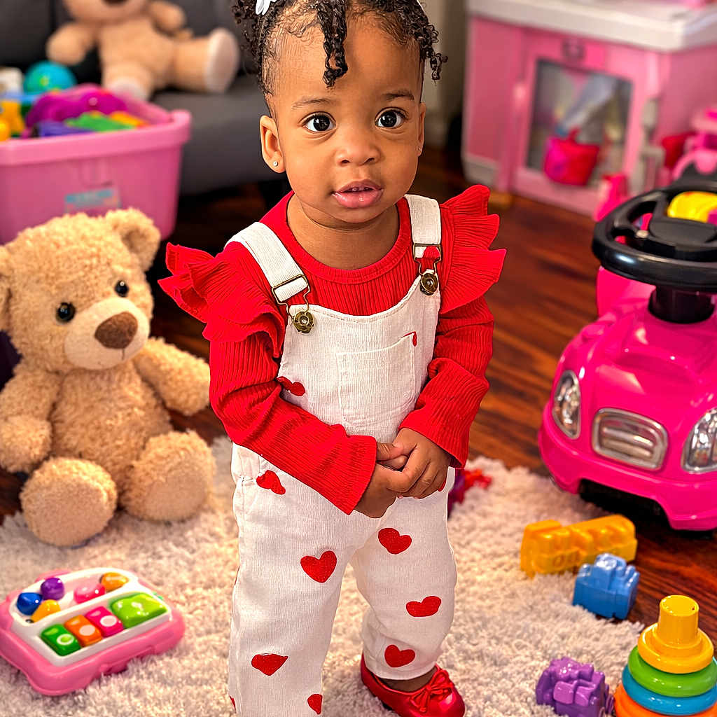 Lynn Hayley is registered to the contest to win money with this photo: big_eyes, child, curly_hair, cute, girl, heart_overalls, indoor, pink_toy_car, playroom, portrait, red_shoes, rug, smile, stacking_rings, standing, stuffed_teddy, toddler, toy_piano, white_bows, wood_floor