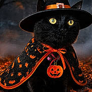 Midnight is registered to the contest to win money with this photo: cat, black_cat, halloween, witch_hat, costume, cape, pumpkins, jack_o_lanterns, autumn, forest, night, moonlight, orange, black, pet, animal_portrait, glowing_eyes, spooky, seasonal, fantasy