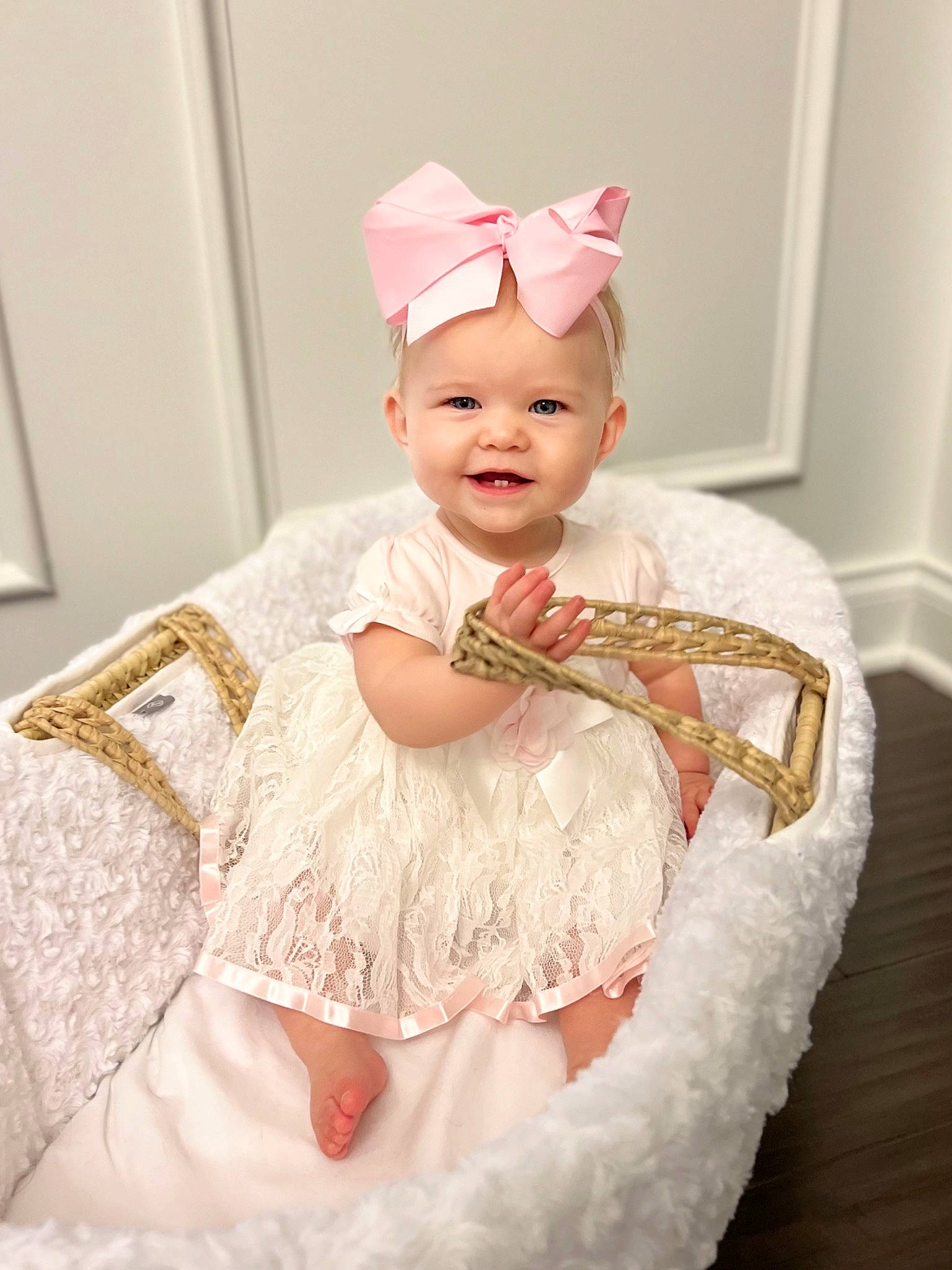Palmer is registered to the contest to win money with this photo: baby, baby_toddler_clothing, bridal_accessory, costume_hat, dress, embellishment, event, eye, hair_accessory, happy, hat, head, headband, headpiece, headwear, human_body, joy, peach, person, pink
