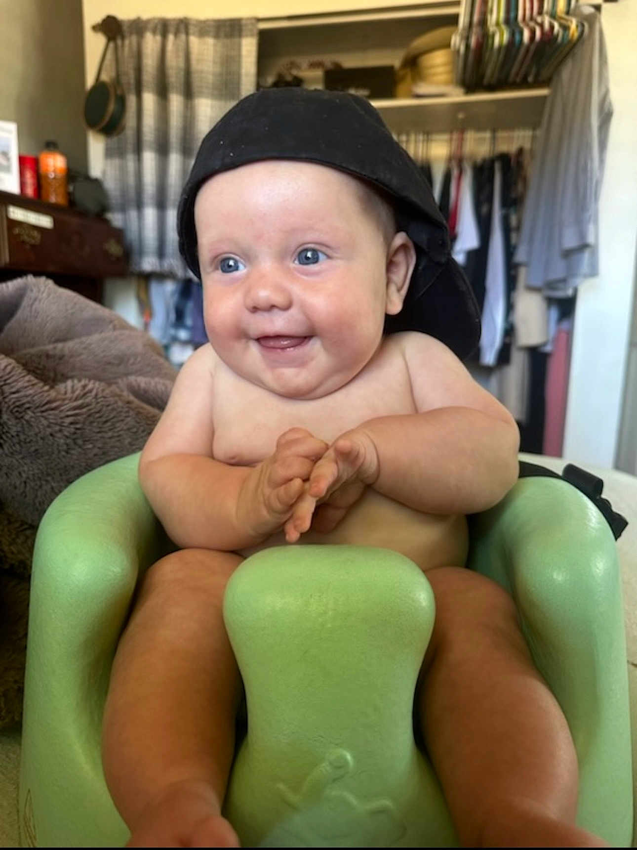 Swade joined the competition — help win amazing prizes! architecture, baby, baseballcap, building, cap, chair, clothing, couch, face, furniture, happy, hat, head, indoors, newborn, person, photography, portrait, sitting, smile