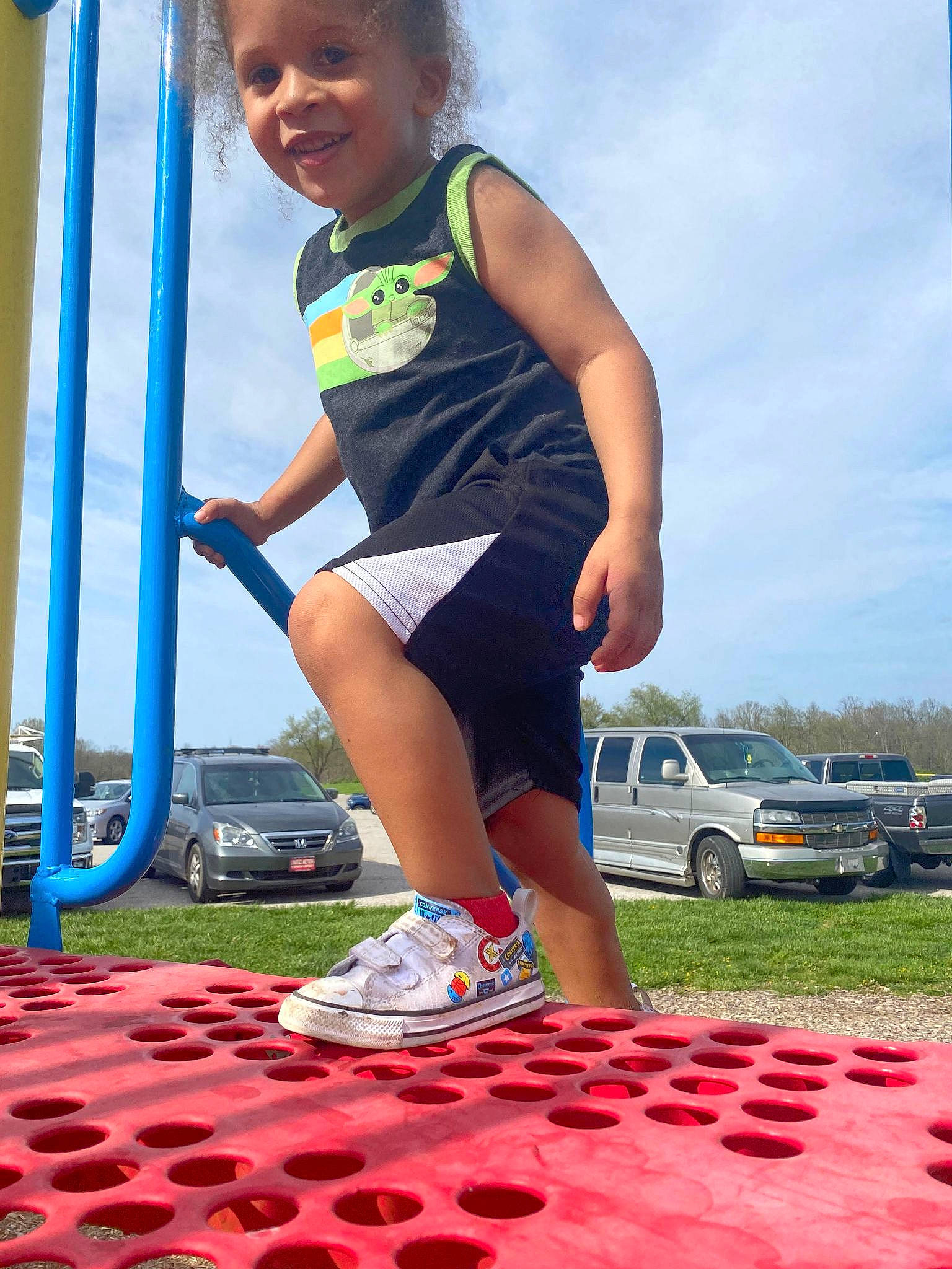 Isaiah is registered to the contest to win money with this photo: arm, blue, car, cloud, electric_blue, fun, grass, green, happy, joy, leisure, people_in_nature, person, public_space, recreation, shorts, sky, smile, summer, t_shirt