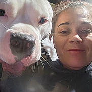 Whiteboy joined the competition — help win amazing prizes! animal, bond, candid, casual, close_up, companion, dog, expression, face, friendly, head, human, indoor, nose, person, pet, portrait, smile, white_dog, woman