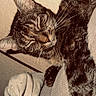 cat, tabby, sleeping, relaxed, feline, whiskers, closed_eyes, fur, striped_fur, pet, animal, indoors, home, furniture, couch, blanket, paw, portrait, cozy, sepia