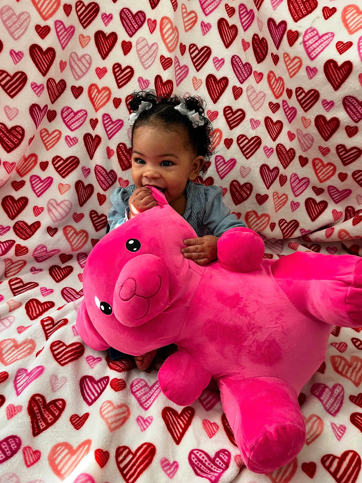 Nova is registered to the contest to win money with this photo: baby, child, curly_hair, bows, pink_teddy_bear, plush_toy, heart_pattern, blanket, cute, indoor, smiling, chewing, cozy, soft_toy, happy, infant, seated, colorful, playful, adorable