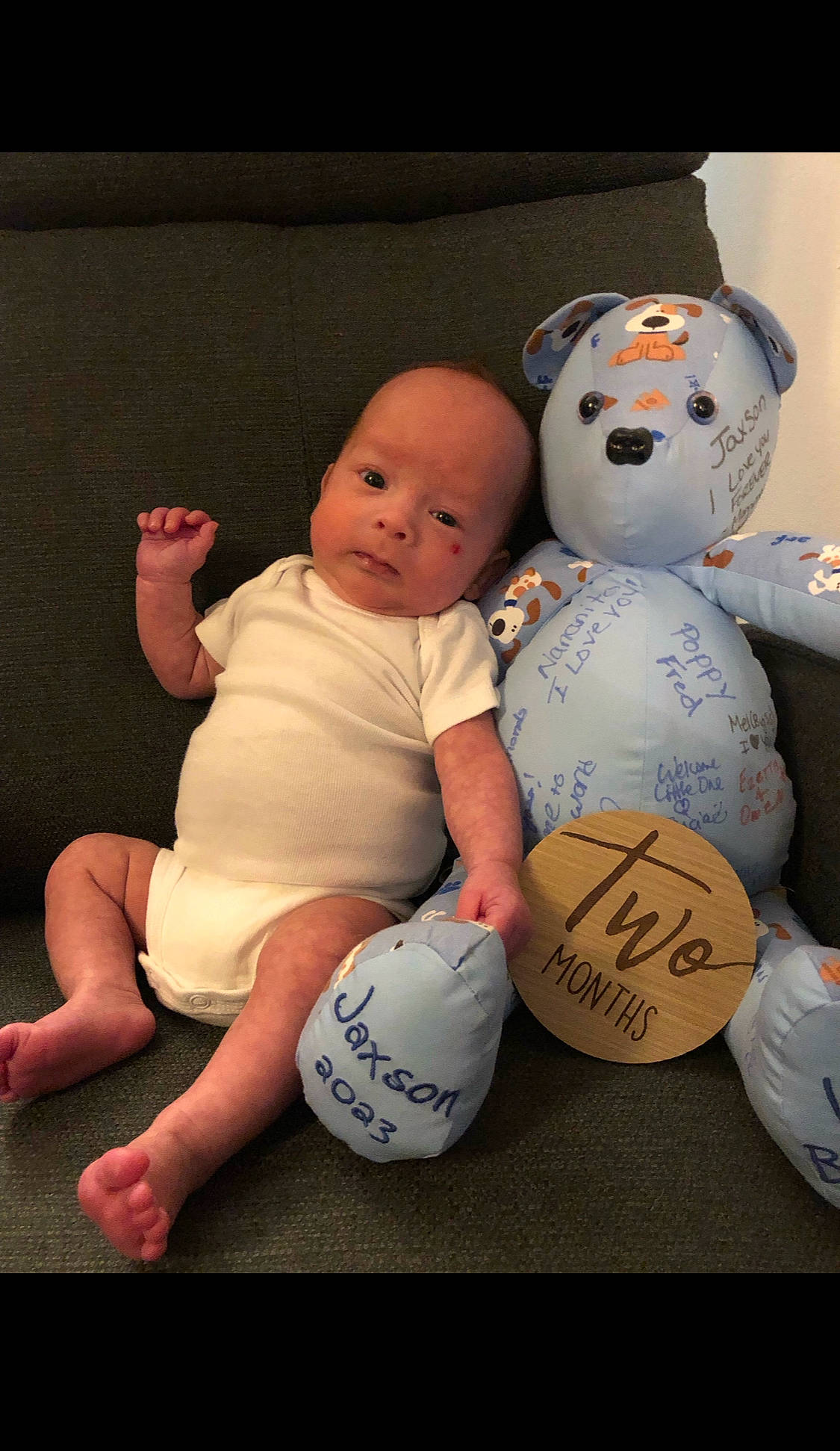 Jaxson joined the competition — help win amazing prizes! baby, baby_toddler_clothing, child, comfort, flash_photography, foot, fun, gesture, happy, human_leg, knee, people, person, room, sitting, soccer_ball, stuffed_toy, t_shirt, thigh, toddler