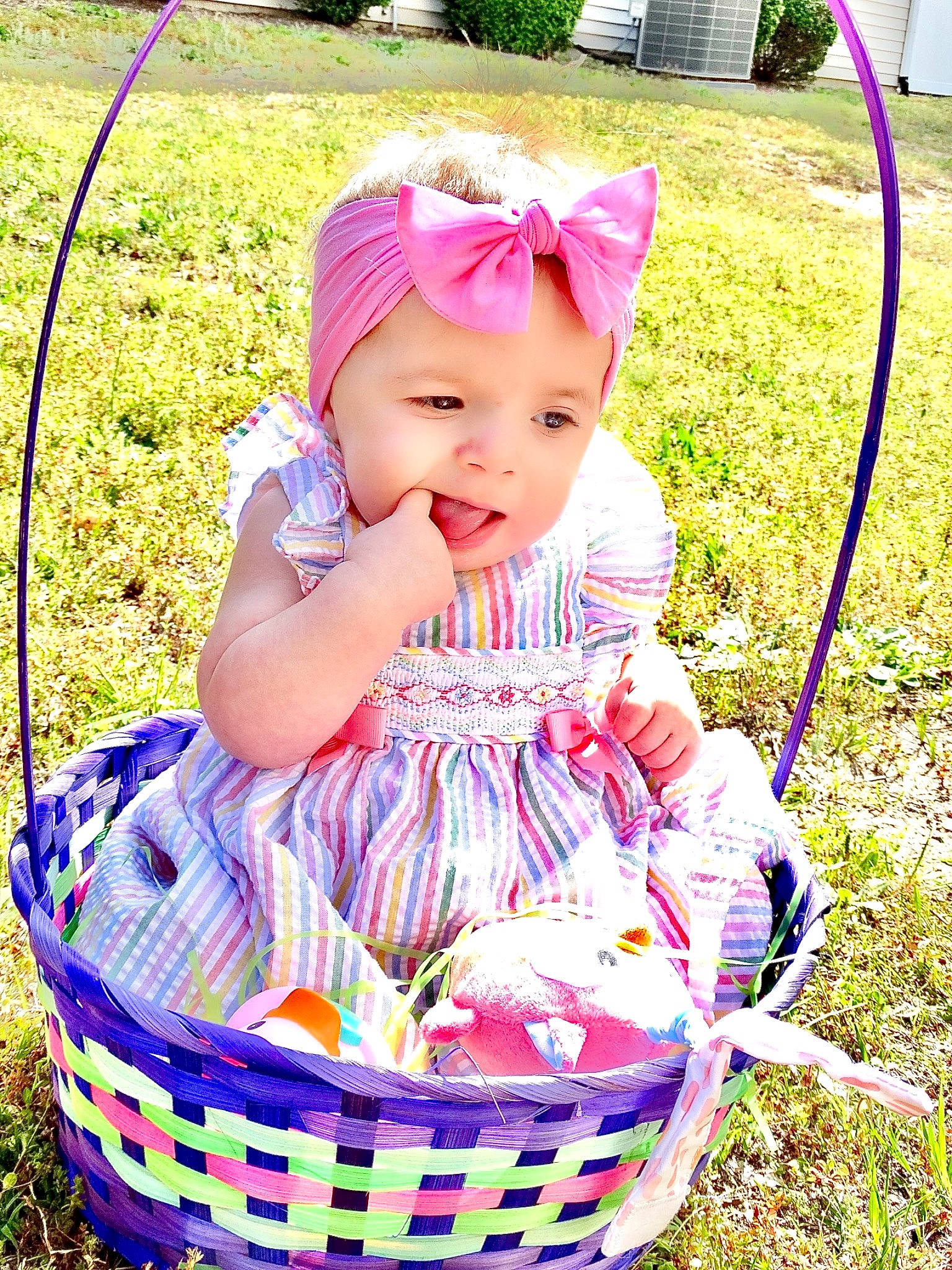 Sparkle is registered to the contest to win money with this photo: baby, baby_toddler_clothing, basket, beauty, face, fun, grass, grass_family, green, happy, hat, headwear, leisure, people_in_nature, person, photograph, pink, product, recreation, smile
