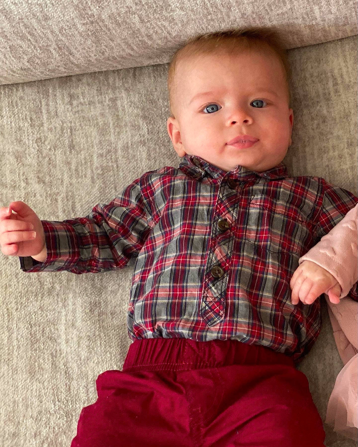 Caspian joined the competition — help win amazing prizes! baby, baby_toddler_clothing, collar, dress, dress_shirt, face, human_body, outerwear, pattern, person, plaid, shirt, skin, sleeve, sock, standing, tartan, textile, tie, toddler
