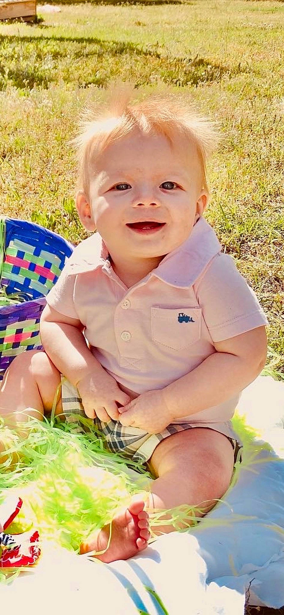 Caspian is registered to the contest to win money with this photo: baby, baby_toddler_clothing, cheek, child, finger, fun, grass, grass_family, happy, leisure, nose, pattern, people_in_nature, person, play, sitting, skin, sleeve, smile, sunlight