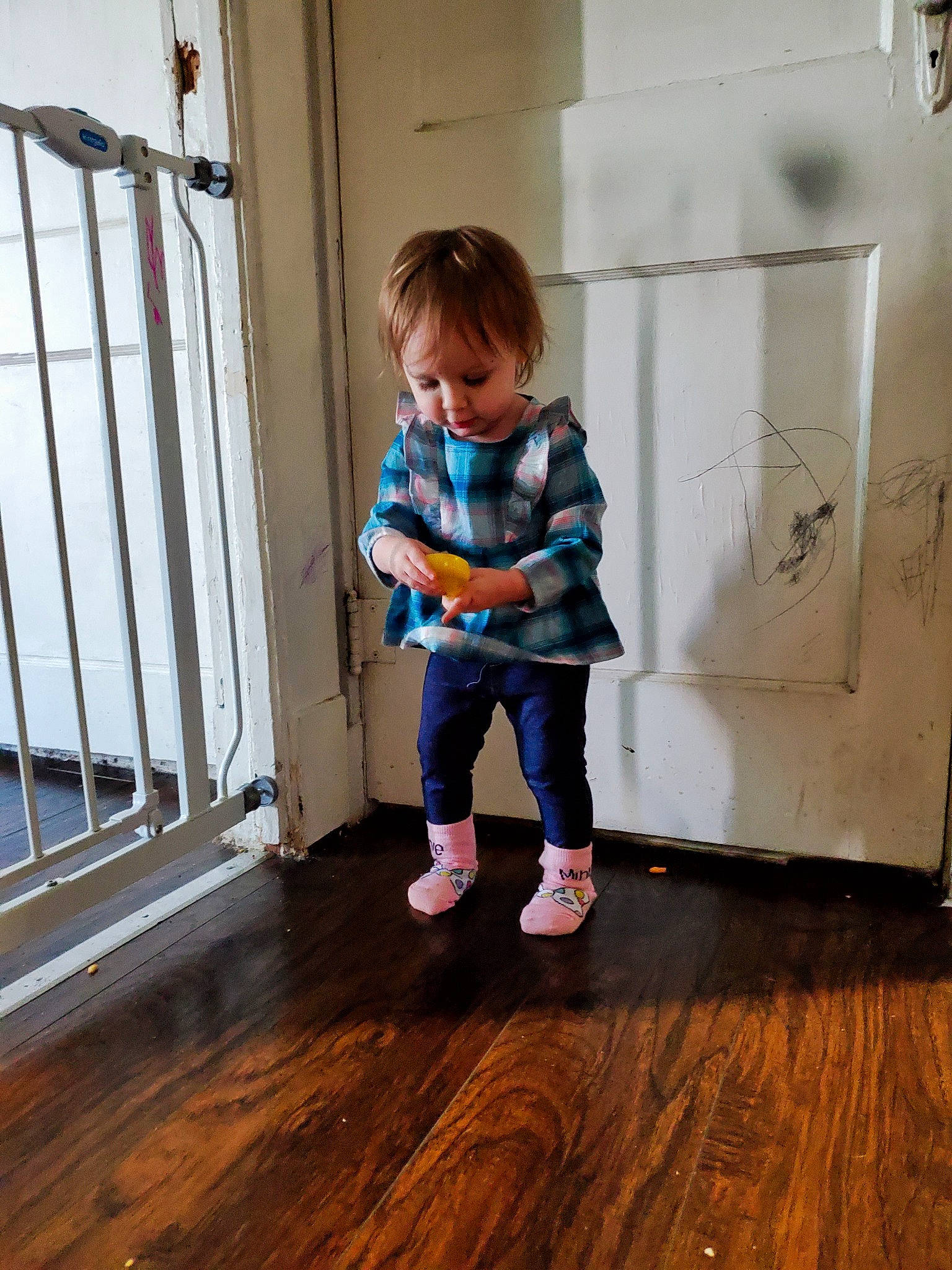 Kora is registered to the contest to win money with this photo: baby_toddler_clothing, child, door, floor, flooring, fun, hardwood, house, human_leg, laminate_flooring, pattern, person, plank, sleeve, stairs, standing, toddler, varnish, wood, wood_flooring