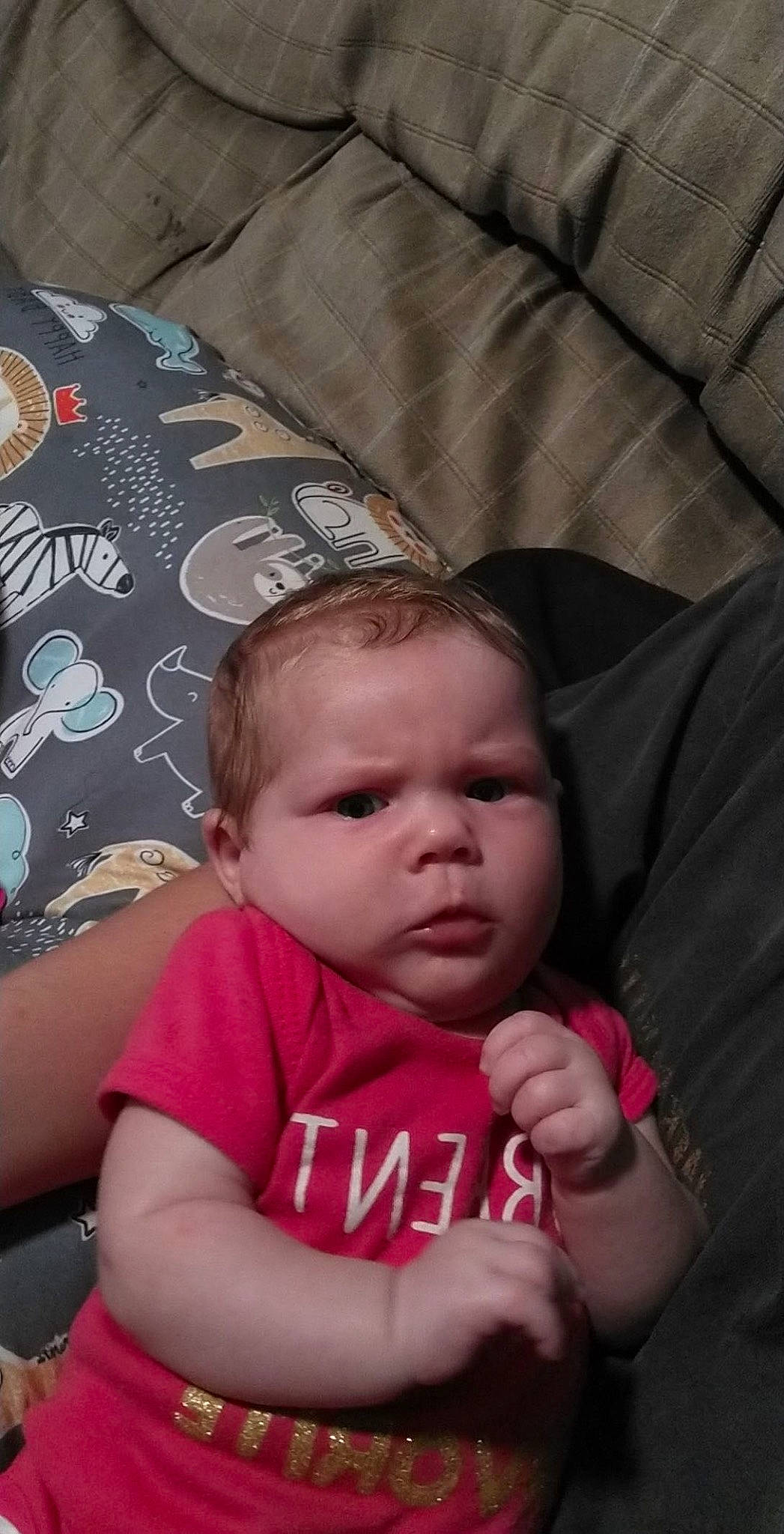 Scarlett joined the competition — help win amazing prizes! baby, baby_toddler_clothing, cheek, child, comfort, eye, finger, fun, gesture, happy, iris, linens, lip, mouth, nail, person, sitting, skin, t_shirt, toddler