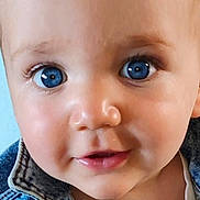 Theodore is registered to the contest to win money with this photo: baby, face, blue_eyes, denim_jacket, white_shirt, cute, child, portrait, skin, smile, young, infant, closeup, person, head, innocence, expression, eyelashes, hair, background