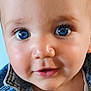 baby, face, blue_eyes, denim_jacket, white_shirt, cute, child, portrait, skin, smile, young, infant, closeup, person, head, innocence, expression, eyelashes, hair, background