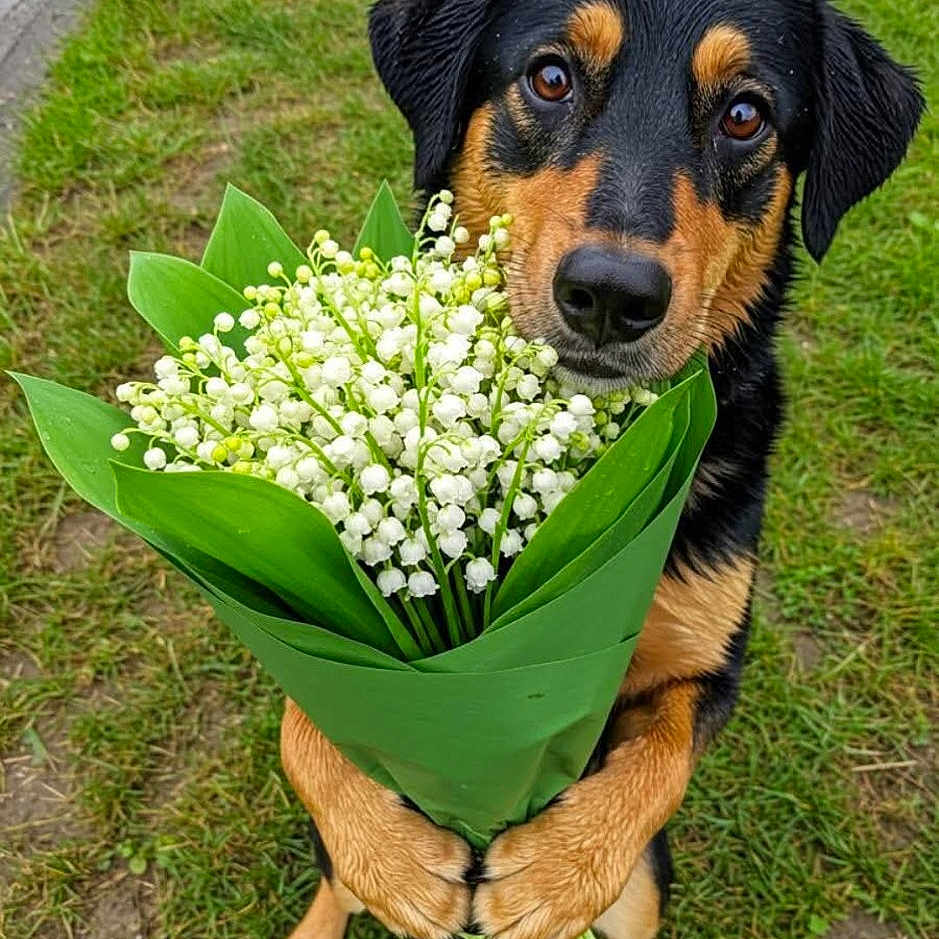 Rasta participe au concours pour gagner de l'argent avec cette photo : adorable, animal, bouquet, canine, closeup, cute, dog, flowers, garden, grass, green, holding, leaf, nature, outdoor, paws, pet, portrait, spring, white_flowers