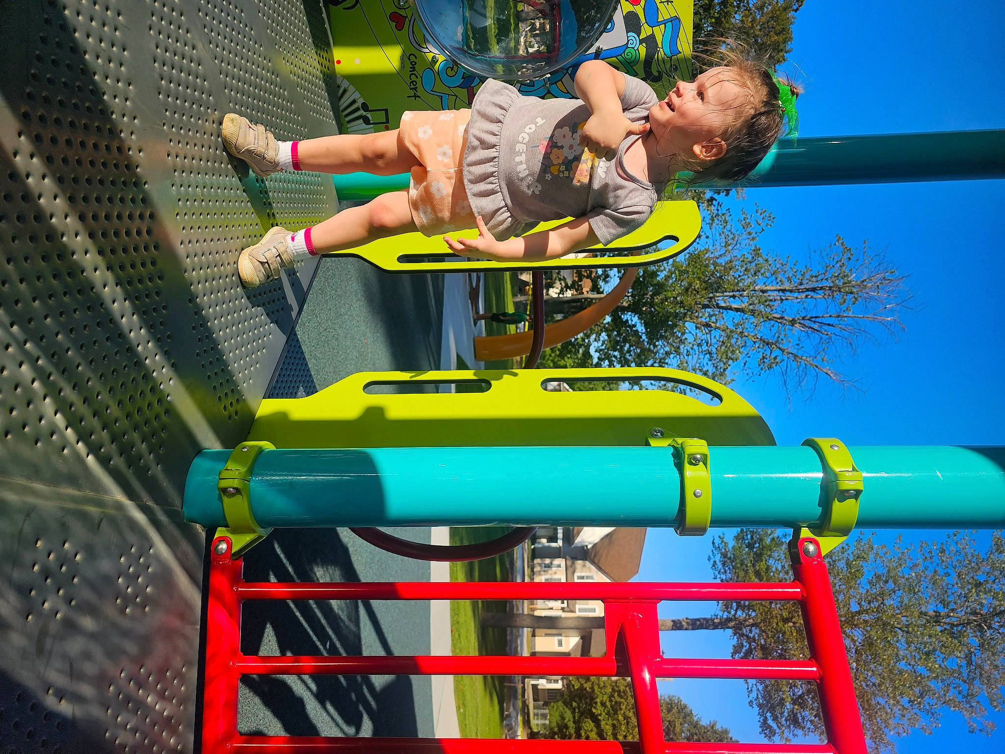 Amelia is registered to the contest to win money with this photo: amusement_park, amusement_ride, chute, electric_blue, engineering, fun, leisure, nonbuilding_structure, outdoor_play_equipment, person, playground, recreation, shorts, sky, smile, t_shirt, tree