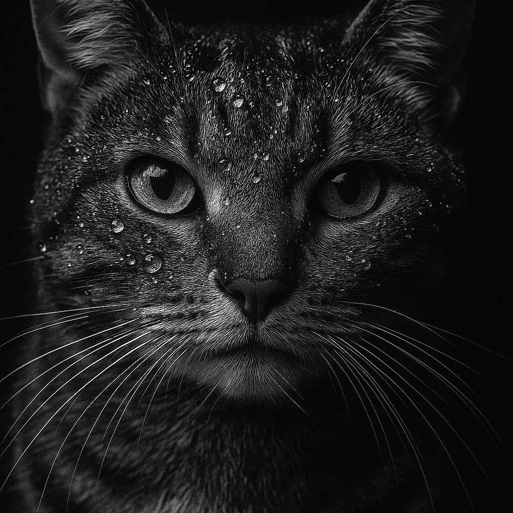 Oseille a rejoint le concours — aidez-le/la à gagner de superbes lots ! animal, black_and_white, cat, close_up, dark_background, ears, eyes, face, feline, intense_gaze, monochrome, muzzle, nature, pet, portrait, sharp_focus, texture, water_droplets, wet_fur, whiskers