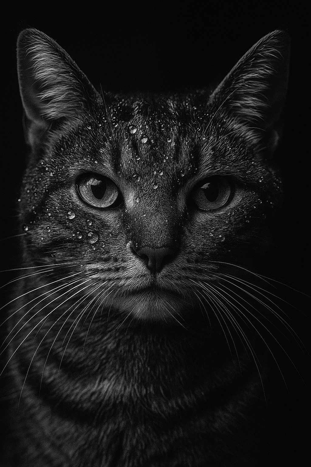 Oseille a rejoint le concours — aidez-le/la à gagner de superbes lots ! cat, close_up, black_and_white, water_droplets, whiskers, animal, portrait, feline, intense_gaze, dark_background, sharp_focus, texture, wet_fur, eyes, face, muzzle, ears, monochrome, nature, pet