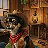 Haiko participe au concours pour gagner de l'argent avec cette photo : dog, chihuahua, cowboy_hat, bandana, vest, wooden_cabin, lantern, wanted_posters, alien_toy, colorful_blanket, window, sunset, wooden_table, rope, rustic, indoor, pet_costume, animal_portrait, decor, western_theme
