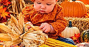 Maddie is registered to the contest to win money with this photo: baby, child, autumn, pumpkin, corn, hay, fall_leaves, orange_outfit, headband, bow, sitting, outdoor, harvest, fall_decor, portrait, infant, plaid_blanket, flowers, rustic, seasonal