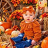 Maddie is registered to the contest to win money with this photo: baby, child, autumn, fall, pumpkins, scarecrow, hay_bale, flowers, chrysanthemums, orange_outfit, lace, hair_bow, blue_jeans, boots, portrait, outdoor, rustic, fall_foliage, harvest, sitting