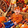 baby, child, smiling, sitting, autumn, fall, pumpkins, harvest, scarecrow, hay_bale, flowers, sunflowers, orange_outfit, headband, bow, plaid_blanket, rustic, outdoor, portrait, seasonal_decor