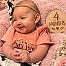 Maddie is registered to the contest to win money with this photo: baby, baby_clothing, bow, child, close_up, floral_arrangement, flowers, four_months, hands, happy, headband, indoor, infant, lying_down, milestone_photo, pink_blanket, portrait, short_sleeves, smiling, wooden_sign
