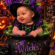 Maddie joined the competition — help win amazing prizes! baby, black_cat, broom, candles, cauldron, child, cobwebs, costume, decorations, green, halloween, indoor, orange, photography, portrait, pumpkins, purple, smiling, spooky, witch_hat