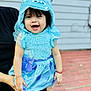 toddler, child, smiling, costume, blue, hood, monster, cute, happy, outdoor, person, face, clothing, dress, horns, hand, legs, background, wooden_deck, home