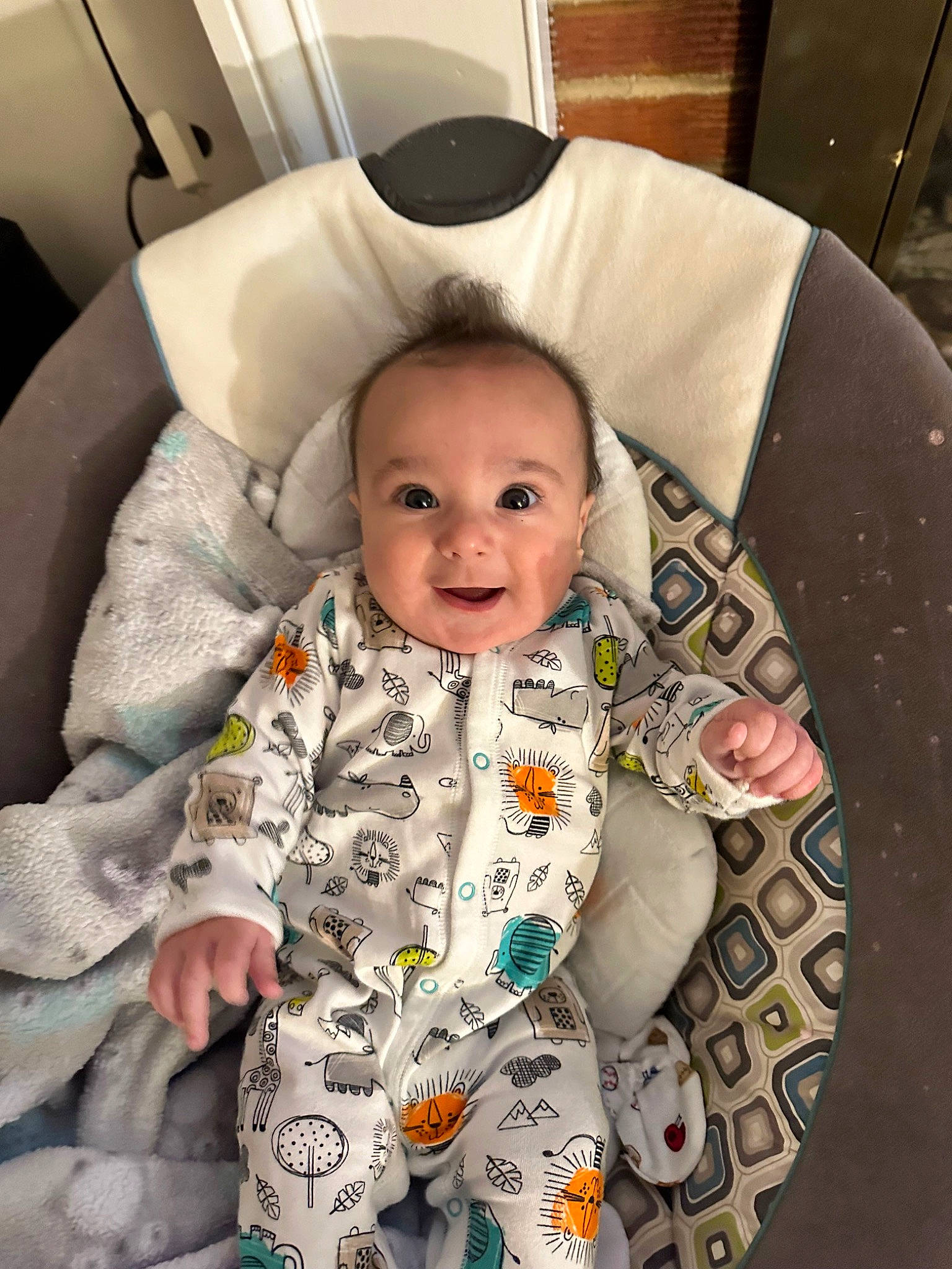 Aiden joined the competition — help win amazing prizes! baby, baby_laughing, baby_products, baby_safety, baby_toddler_clothing, car_seat, cheek, child, comfort, eye, fun, happy, linens, pattern, person, product, room, sitting, sleeve, smile