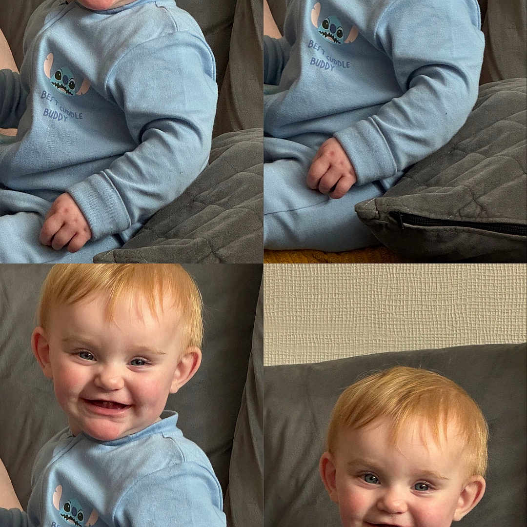 Isla-Mae is registered to the contest to win money with this photo: art, baby, bodypart, clothing, collage, couch, face, furniture, happy, head, homedecor, laughing, mouth, pants, person, photography, portrait, smile, t_shirt, teeth