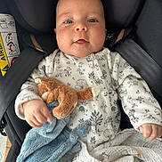 Sam a rejoint le concours — aidez-le/la à gagner de superbes lots ! baby, car_seat, plush_toy, stuffed_animal, onesie, infant, child, cute, portrait, indoor, comfort, seat_belt, clothing, smiling, face, hands, blanket, soft_toys, baby_boy, closeup