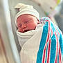 newborn, baby, sleeping, blanket, hospital, hat, infant, swaddled, cute, portrait, child, peaceful, soft_focus, closeup, resting, person, newborn_baby, wrapped, indoors, headwear