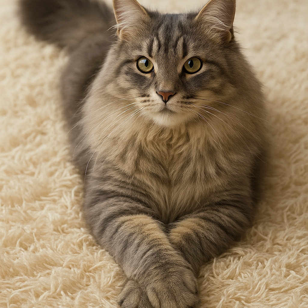 Simba is registered to the contest to win money with this photo: animal, carpet, cat, close_up, cute, ears, feline, fluffy, focused_eyes, gray_tabby, indoor, lying_down, paws_crossed, pet, portrait, relaxed, shag_rug, soft_lighting, tail, whiskers