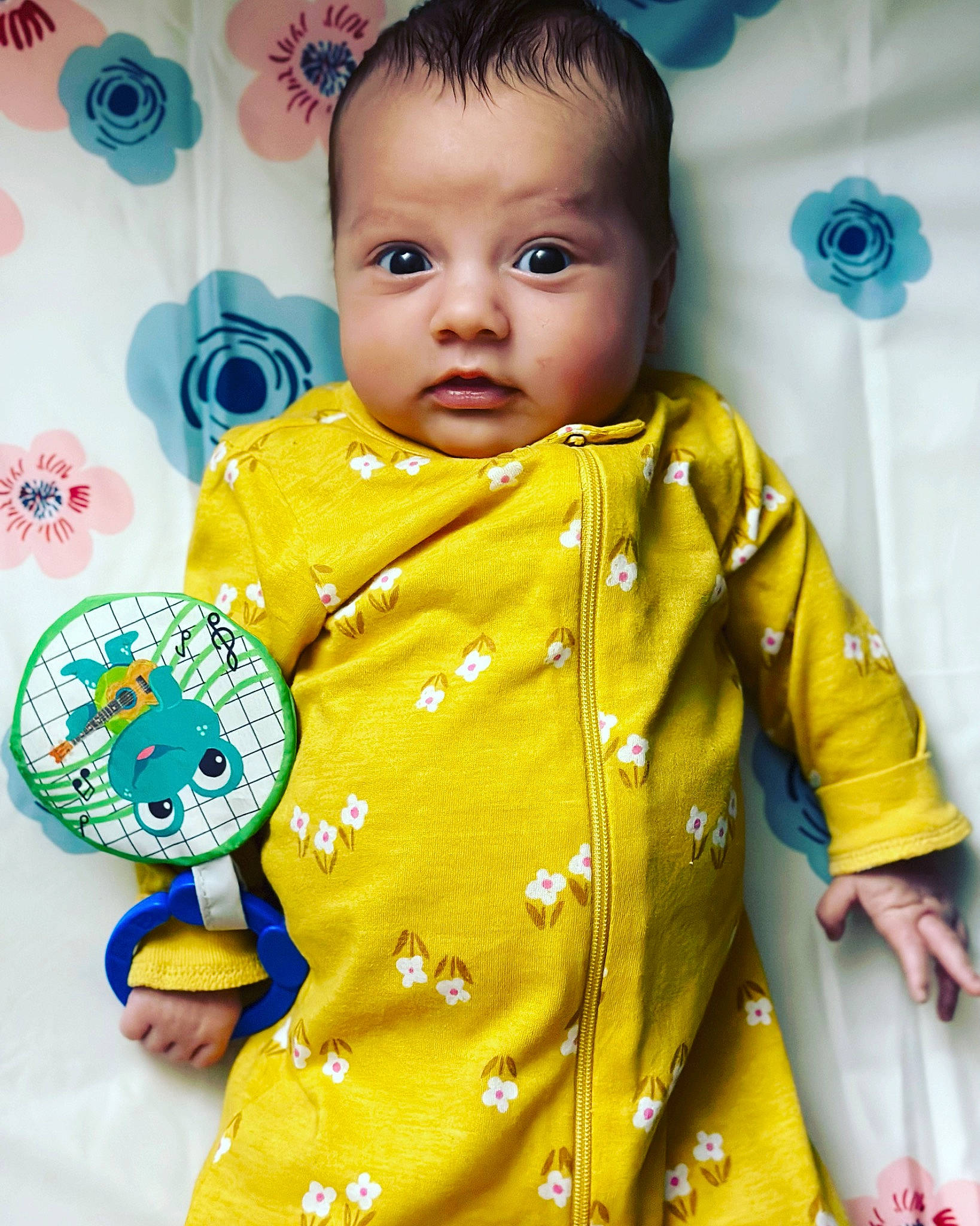 Emersyn is registered to the contest to win money with this photo: baby, baby_toddler_clothing, cheek, child, collar, electric_blue, eye, eyelash, facial_expression, hairstyle, happy, nose, pattern, person, pink, product, skin, sleeve, t_shirt, textile