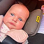 baby, child, car_seat, blue_eyes, pink_clothing, seatbelt, infant, face, head, padded_seat, soft_toys, closeup, cute, young_child, safety, toddler, portrait, indoors, resting, infancy