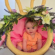 Emma joined the competition — help win amazing prizes! baby, child, flower_crown, bunny_ears, orange_outfit, pink_blanket, cute, portrait, indoor, decorative_frame, smiling, infant, face, person, seated, colorful_flowers, soft_light, adorable, happy, looking_at_camera