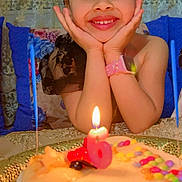 Lina participe au concours pour gagner de l'argent avec cette photo : child, birthday_cake, candle, smile, happy, celebration, indoor, curtain, pillow, colorful, watch, cake, girl, party, table, decor, young, face, hands, cute