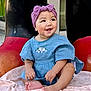 baby, child, smiling, headband, purple, blue_dress, sitting, blanket, barefoot, happy, outdoor, feet, cute, infant, portrait, person, footwear_background, large_boots, playful, expression